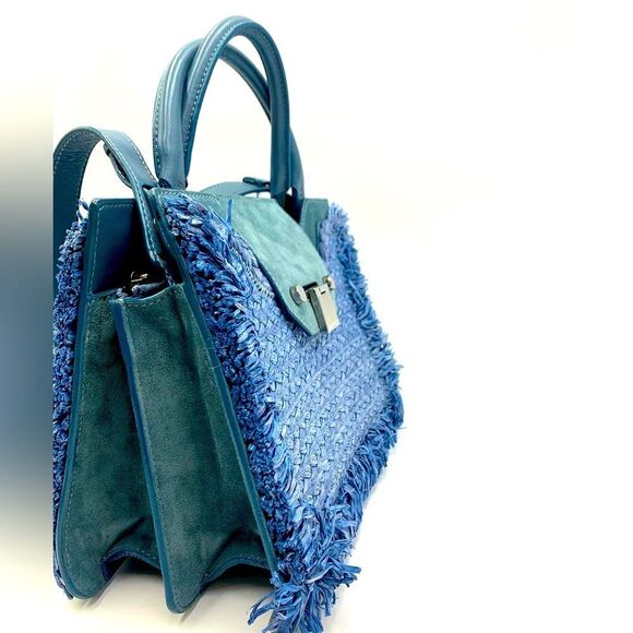 Auth Jimmy Choo Rebel Tote Raffia Suede Blue Dusk Front Clasp Handbag Preloved - Picture 8 of 14